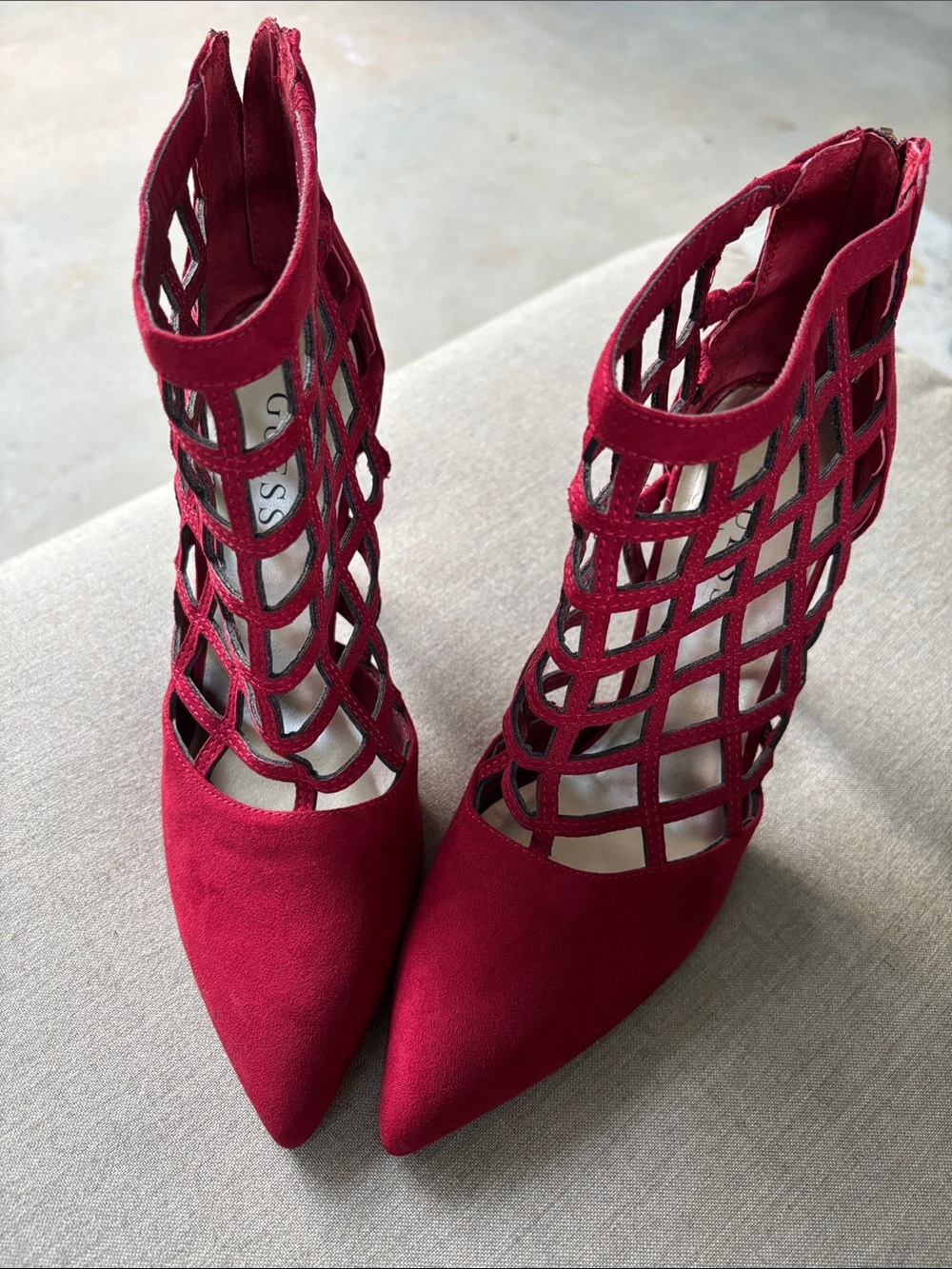 Guess Red Suede Cage Ankle Heels Size 7.5